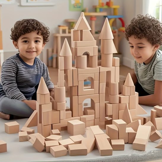 100pcs Solid Wood Building Block Set, And Paint-Free, to Enhance Logical Thinking. Made from Beechwood, Suitable for 3 to 12-Year-Old Children As an Educational Toy. Toys for Boys, Wooden Castle Set, Large Wooden Stacking Toy