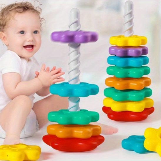 Baby Rainbow Rotating Stacking Music Collaru002F0-3 Year Old Rotating Tower Toyu002FPuzzle Color Number Size Cognitive Toyu002FParent Child Interactive Toyu002FHand Eye Coordination Exerciseu002FChristmas