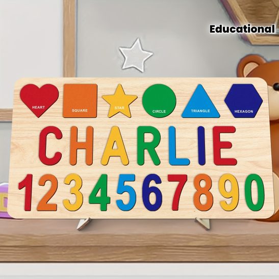 Customizable Wooden Puzzle Toy for Children Featuring Letters, Numbers, And Shapes, with a Stand. It Allows Spelling of 1-9 Letters, Making It an Educational And Hands-On Gift. Smooth Texture, Perfect As a Birthday Or Christmas Gift for Boys And Gir