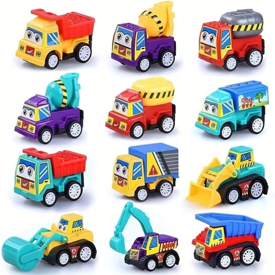 Gift for Heru002FHim 12-Piece Cartoon Pull-Back Engineering Vehicle Party Favor Set, Plastic Pull-Back Cars, Colors and Styles Random